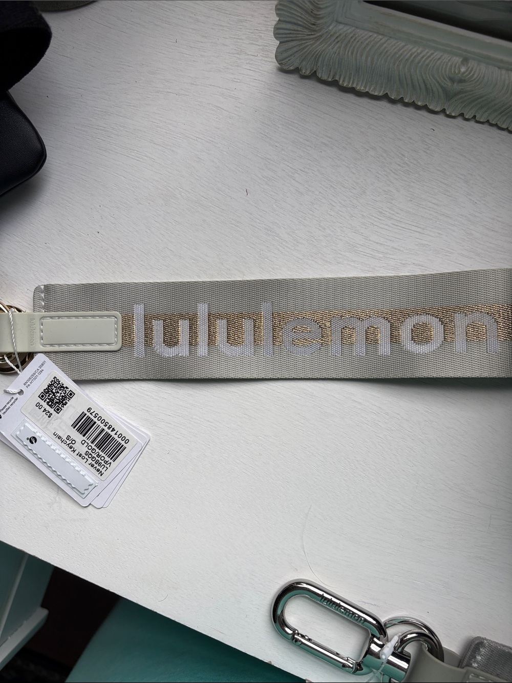 lululemon athletica Beige and Gold Logo Wrist Strap Key Holder